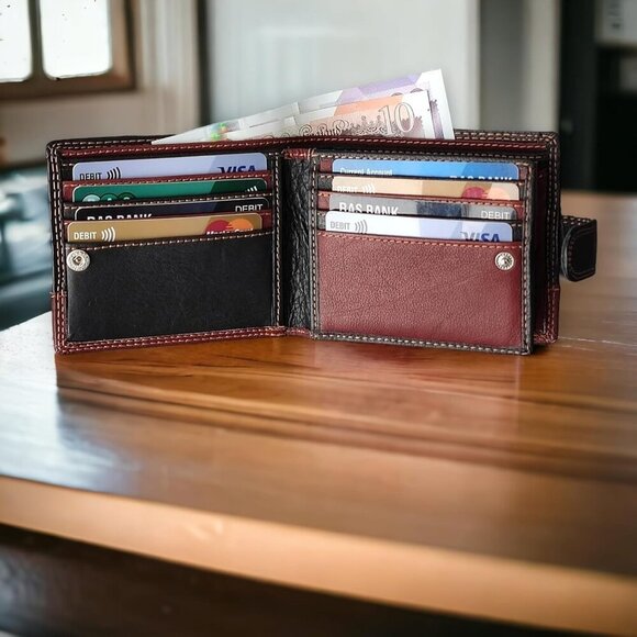 MORUCHA Mens RFID Blocking Real Soft Leather Passcase Wallet Box M75 Black/Brown - Picture 2 of 8